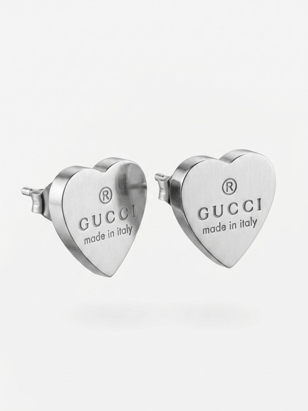 Fashion Jewelry Silver Heart Logo Stud Earrings - Brushed Silver Tone